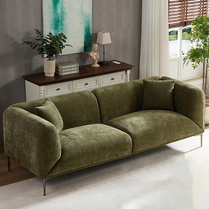 82.7 Modern Sofa Couch Sectional Sofa with Metal Legs Boucle Fabric 3 Seater Cloud Couch with 2 Pillows Upholstered Loveseat Couch for Living Room Apartment Office.(Green)