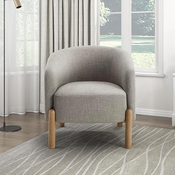 Lexicon Modern Accent Chair Textured Fabric Barrel Seat with Solid Wood Legs Upholstered Single Sofa Chairs for Living Room/Bedroom/Office/Apartment Taupe