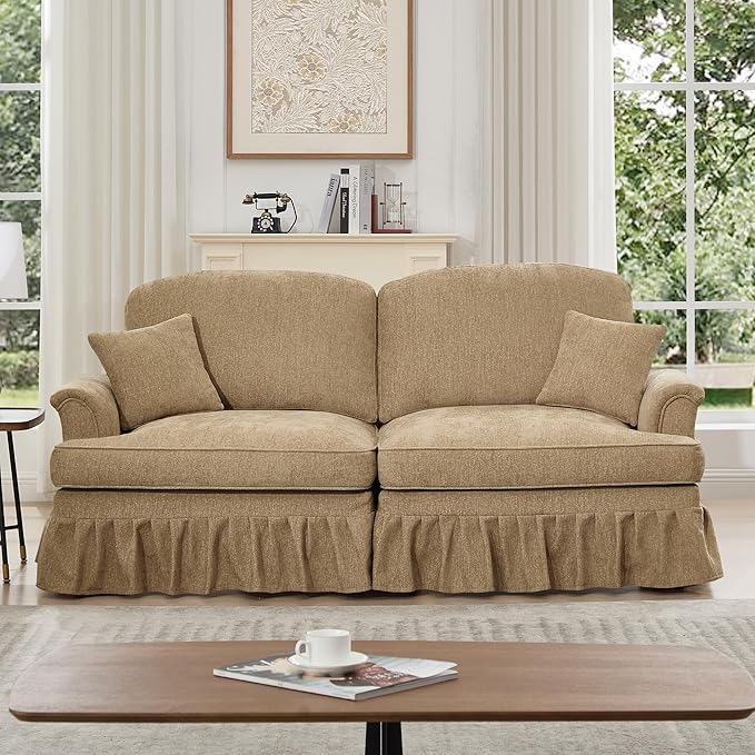 76 Chenille Loveseat Couch for Living Room Traditional Sofa with Detachable Ruffled Skirt Flared Arms Spindle Legs Comfy Mid Century Small Couches for Bedroom Small Spaces Apartment(Coffee)
