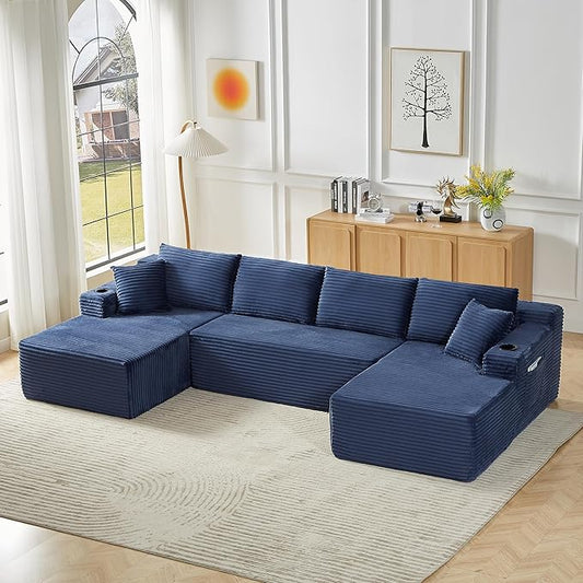134 U Shaped Boneless Couch with Chaise Oversized Modular Sectional Sofa with Cupholders &amp Storage Corduroy Cloud Couches for Living Room Free Combination No Assembly Required Blue