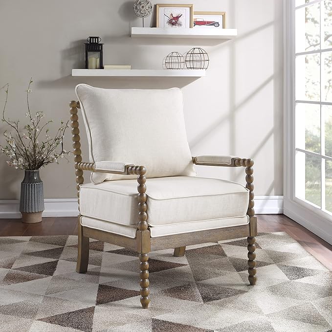 OSP Home Furnishings Fletcher Spindle Accent Chair with Rustic Brown Finish Linen Upholstery