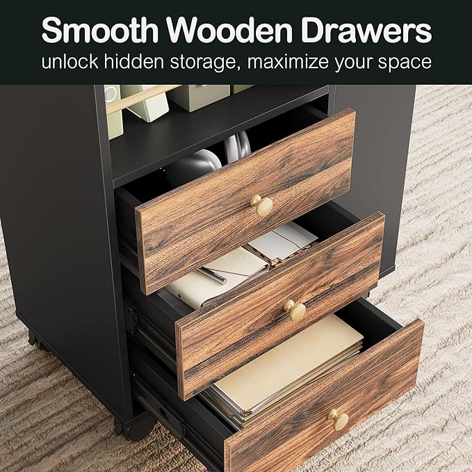Mobile File Cabinet with 3 Drawers 20 Wood Lateral Filing Cabinet with Lockable Wheels Fit Letter/A4 Size or Home Office Utility Cart with Open Storage Shelf Black Walnut