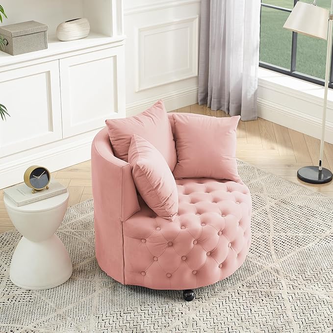Velvet Swivel Barrel ChairModern Upholstered Accent Chair with WheelsLarge Single Sofa Chair for Living Room Club Bedroom Home Office (Pink+Velvet)