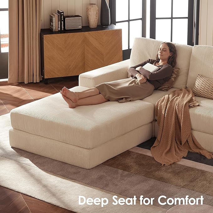 Modular Sectional Sofa 120.47 Modern Cloud Couch Sectional Sofa with U-Shaped Chaise Comfy Corduroy Fluffy Couch with Deep Seat Boneless couches for Living Room Bedroom White