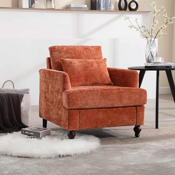 Wood Frame Armchair Modern Accent Chair Lounge Chair for Living RoomTufted Club Chair Mid Century Modern Arm Chairs with Studded Solid Wood Frame for Bedroom Reading (Orange Chenille)