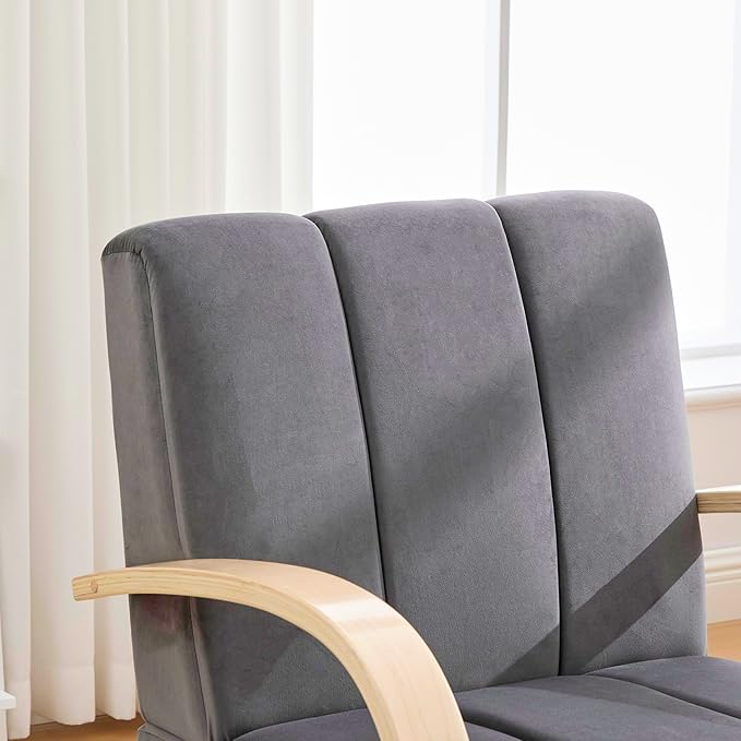 KEIKI Velvet Upholstered Swivel Accent Chair 30.3 W Single Sofa Armchair with Solid Wood Armrests and Tufted Back Stylish Sofa Chair for Living Room and Office Charcoal