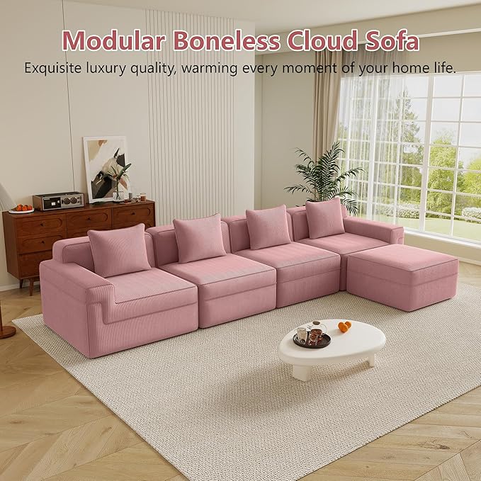 Boneless Couch153.5 No Assembly L Shaped Oversize Modular Sectional Cloud CouchSolid Foam Corduroy Sofa with Ottoman for Living Room (Pink Corduroy4 Seats with Ottoman)