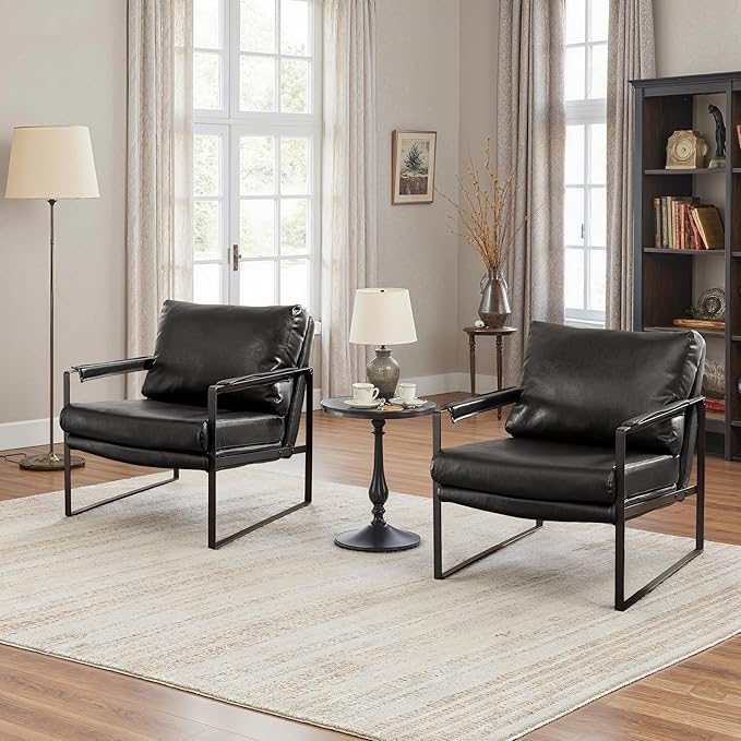Art Leon Mid Century Modern Accent Chair Faux Leather Armchair with Black Metal Legs Single Lounge Side Chair for Living Room Bedroom Small Spaces Black