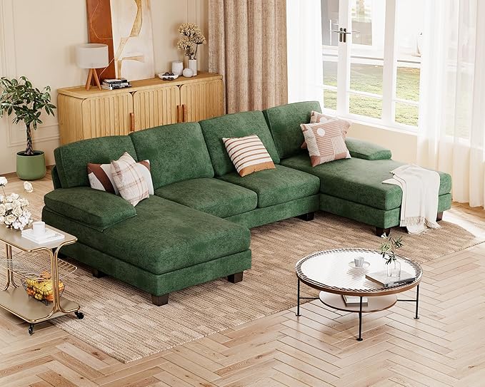 JUMMICO Sectional Couches for Living Room U Shaped Couch with Chenille Fabric 4 Seat Modern Sofa with Removable Pillows for Apartment and Small Space (Fabric Green)