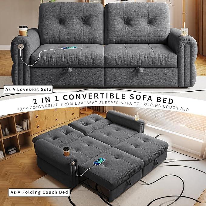 77 Pull Out Sofa Bed Velvet Convertible Sleeper Couch Loveseat Chaise Lounge with Cup Holder and USB Pullout Futon Sofa Bed for Living Room Bedroom Small Spaces RV (Dark Grey)