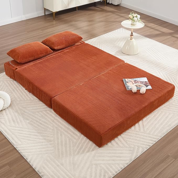 GNIXUU Fold Out Couch 3-in-1 Convertible Futon Sofa Bed with 2 Pillows Corduroy Foldable Floor Chair Boneless Loveseat Couches for Living Room Bedroom Small Spaces Orange