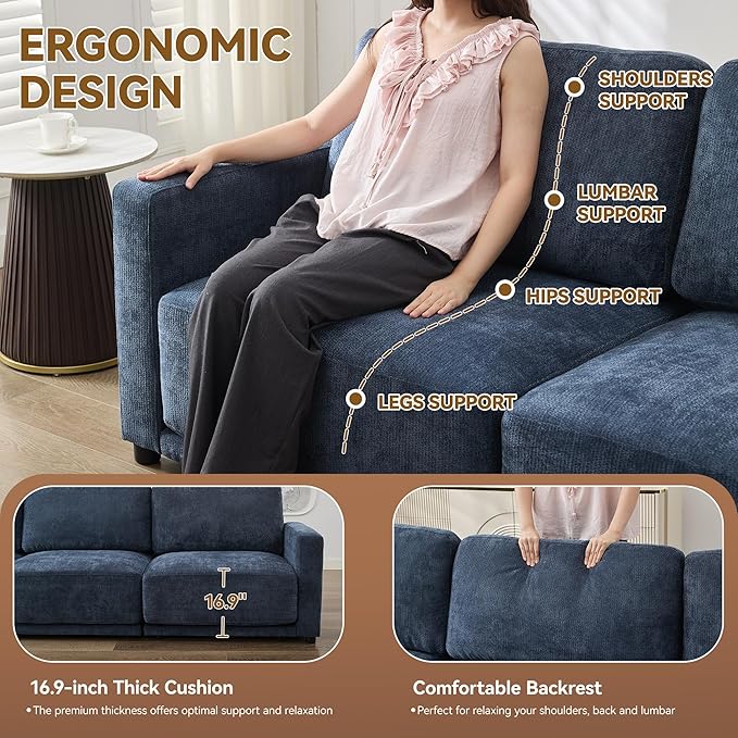 110.6 L Shaped Modular Sectional Sofa Modern Chenille Comfy Couch with Thickened Seat Cushions Easy Assembly Upholstered 4 Seater Couch with Movable Ottoman for Living Room Blue