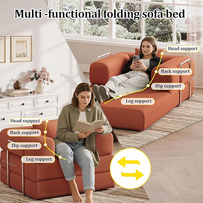 Folding Sofa Bed 2 in 1 Convertible Sofas to Lounger Comfy Single Bean Bag Chair Floor Portable Foldable Sleeper Lazy Futon Couch Chair for Bedroom Living Room(Orange 35.43 Single Sofa)