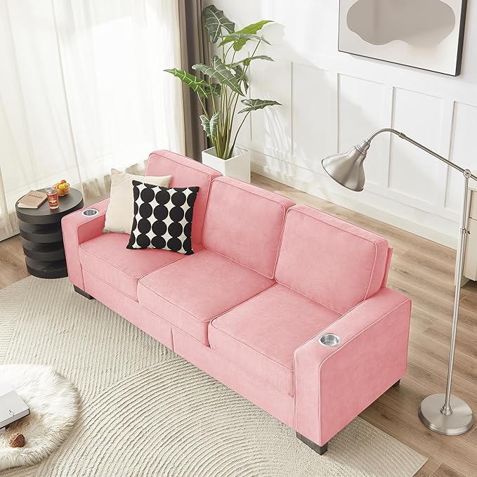 Ball &amp Cast 84 Snowfleece Sofa - Modern 3-Seater Sleeper Couch with 2 CupholdersCouches for Living Room Bedroom Office Apartment Easy Assembly Pink