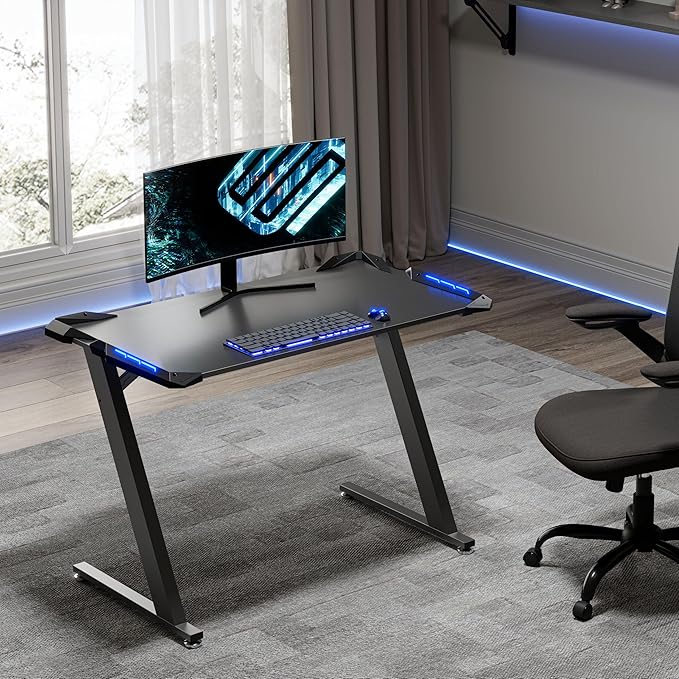 EUREKA ERGONOMIC Gaming Desk with LED Lights Home Office RGB Table Small Gaming Desk Computer Table Black