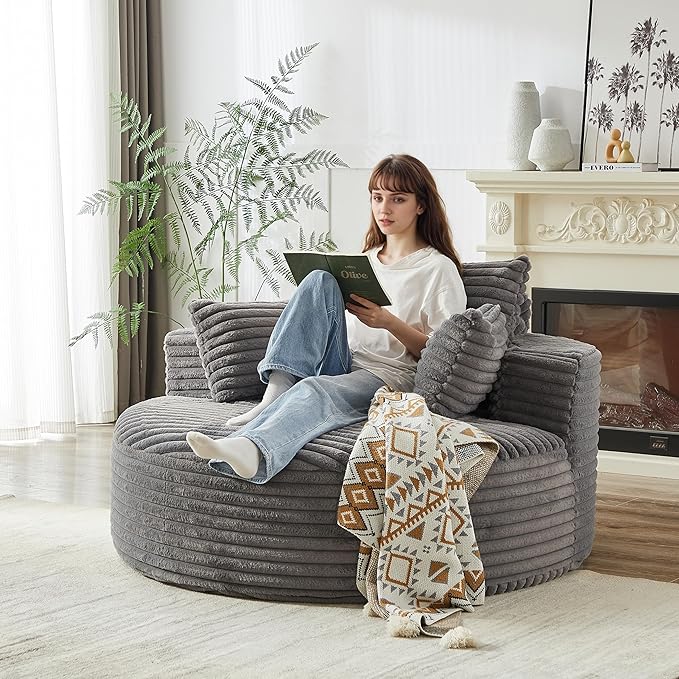 55 Grey Oversized Round Boneless Couch Sofa Corduroy Memory Foam Cloud Couches Lounge Chair Comfy Fluffy Single Sofa with 3 Pillows for Living Room Bedroom No Assembly Required (Grey)