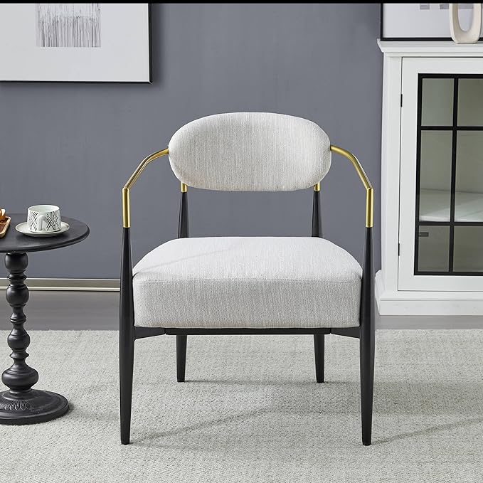 Christopher Knight Home Draxv Accent Chair Upholstered Club Chair Curved Backrest Armchair Metal Frame Tapered Legs Chic Accent Chair Soft Seating Chair for Living Room Reading Beige+Gold