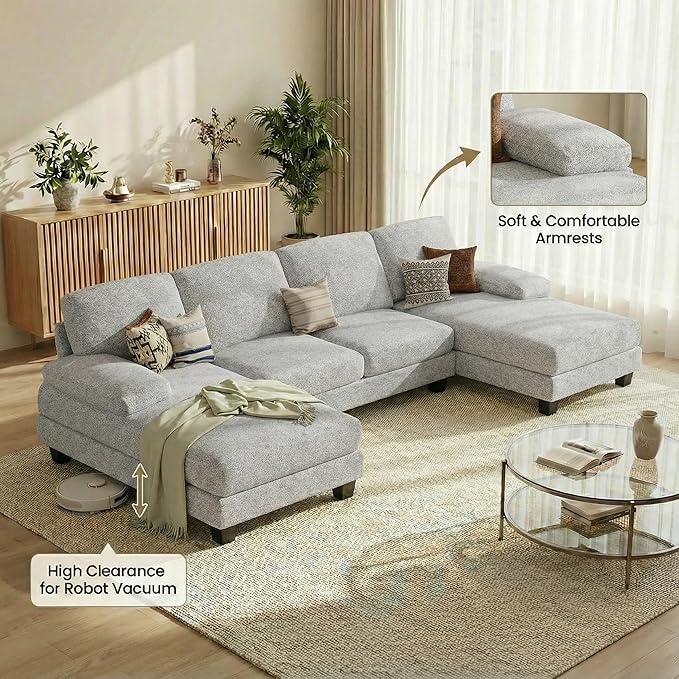 Homall Modular Sectional U Shaped Sofa Couches for Living Room Comfy Loop Yarn 4 Seat Sofa Set with Removable Pillows Lounge Chaise Upholstered Couch for Apartment (Loop Yarn Pearl Gray)