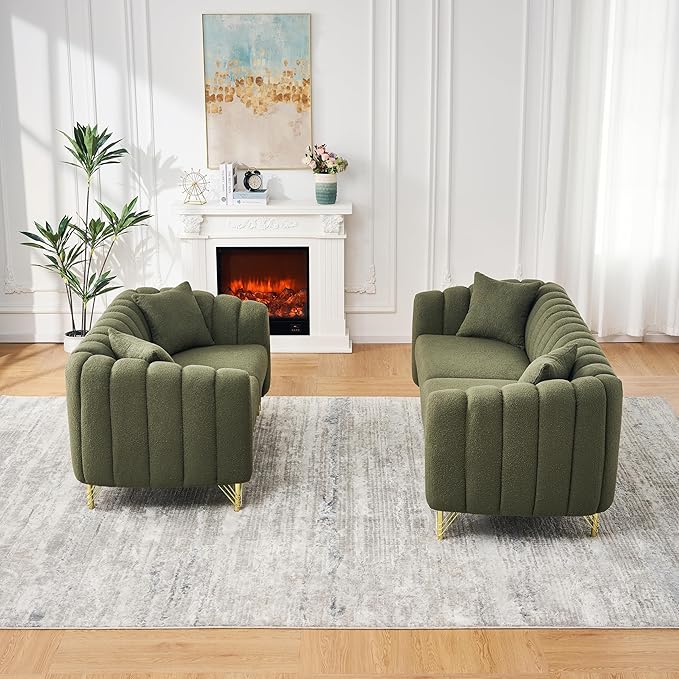 Green Cloud Sofa Set 2 Piece Living Room Furniture Modern Comfy Overstuffed Deep Seat Curved Sofas with Gold Legs &amp Pillows Foam Upholstered Teddy Loveseat with Round Arm (Green Couch and Lovese