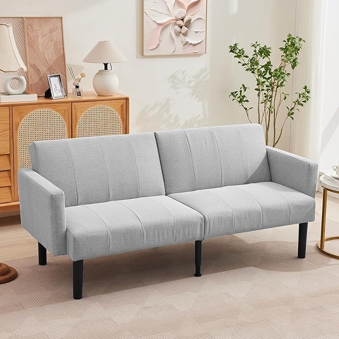 Garvee 75.5 Convertible Sofa Bed Vertical-Stripe Linen-Feel Fabric Sofa Features Sturdy Bed Legs Mid-Century Modern Folding Sofa Suitable for Living Rooms Bedrooms Dorms - Gray