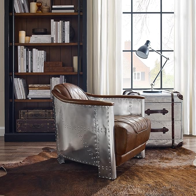 Volans Mid Century Modern Genuine Leather Accent Arm Chair with Vintage Aluminum Patchwork Cognac