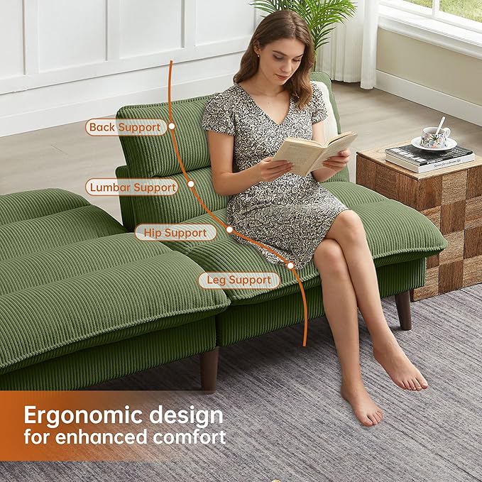 72 Convertible Futon Sofa Bed Loveseat Sofa Corduroy Folding Futon Set with Adjustable Backrest &ampArmrests Recliner Lounge for Living Room Apartment or Office Solid Wood Frame Green