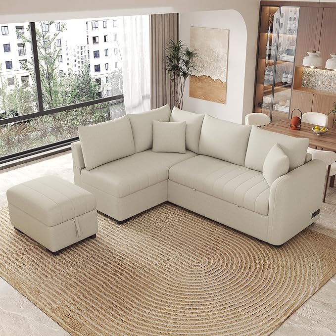 LUMISOL 82.6 Convertible Sleeper Sofa Bed with Storage Ottoman L-Shaped Sectional Sofa with Charging Stations Pull Out Sofa Couch with Chaise for Living Room Apartment Beige