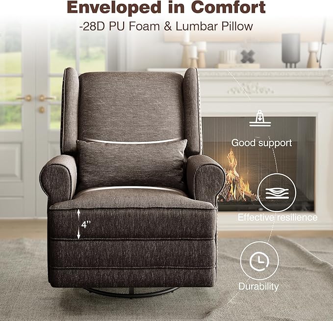 Nursery Glider Recliner Comfy Upholstered Glider Chair with Lumbar Pillow and Footrest Swivel Rocking Chair for Bedroom Living Room Brown
