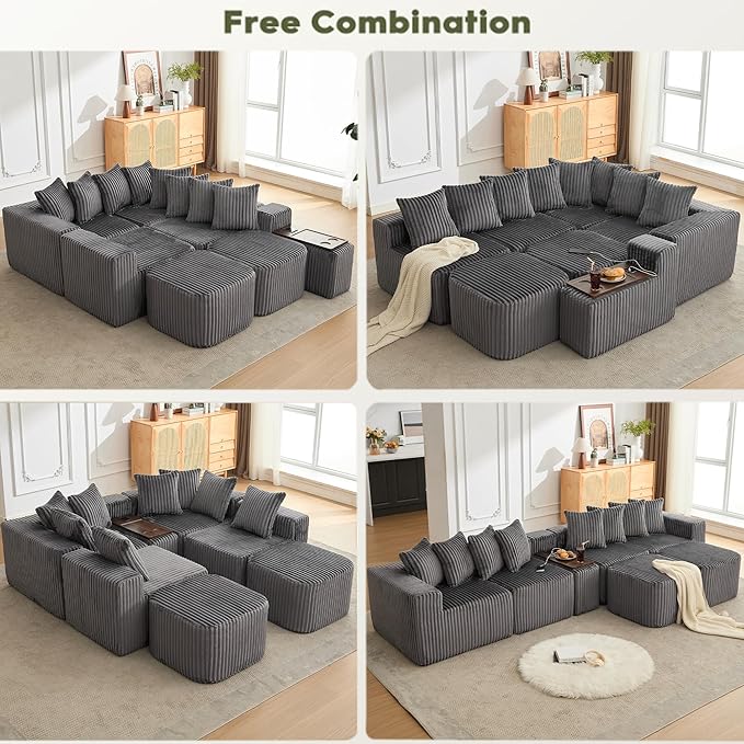 KEIKI 137.5 U-Shaped Sectional Sofa Large 6-Seater Modular Corduroy Couch with Movable Ottoman Smart USB &amp Wireless Charging Module Cup Holder Coffee Table Ideal for Home Gatherings
