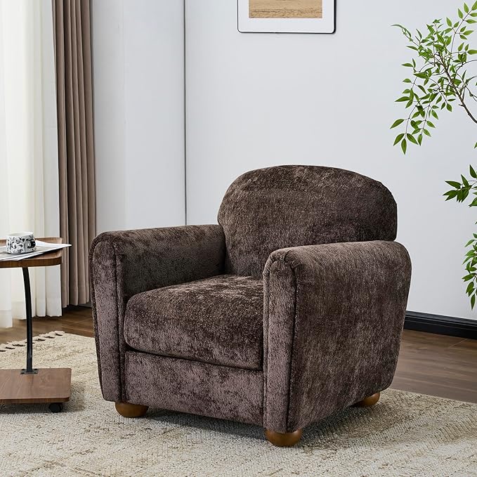 Christopher Knight Home Peysz Modern Accent Chair Chenille Upholstered Armchair with Rounded Wooden Legs Comfortable Single Sofa Soft Cushion Seating Lounge Chair Indoor Dark Brown