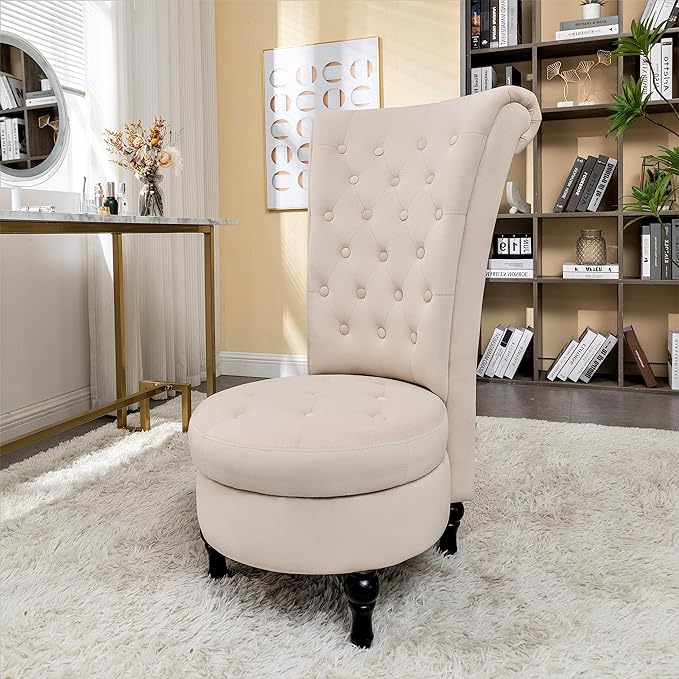 Royal High-Back Velvet Accent Chair for Vanity with Storage and Luxurious Upholstery Retro Design and Versatile Usage for Living Room Bedroom Lounge and Office Ivory