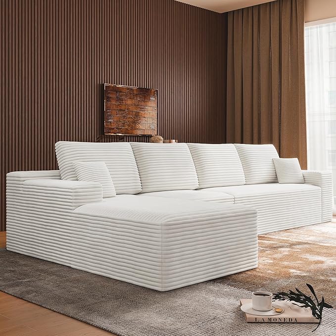 3-Piece Boneless Modular Sectional Sofa Cloud Couch with Left Facing Chaise Oversized Deep Seat Soft Corduroy Fabric Sectional Couch for Living Room-White