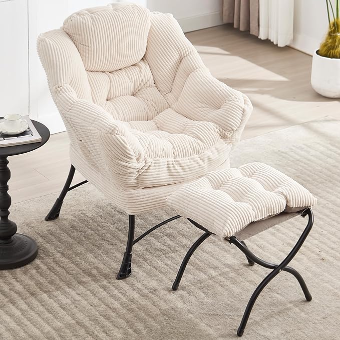 QQU Lazy Chair with Ottoman Corduroy Lounge Armchair Reading Chair with Footrest for Living Room Balcony Study (Beige)