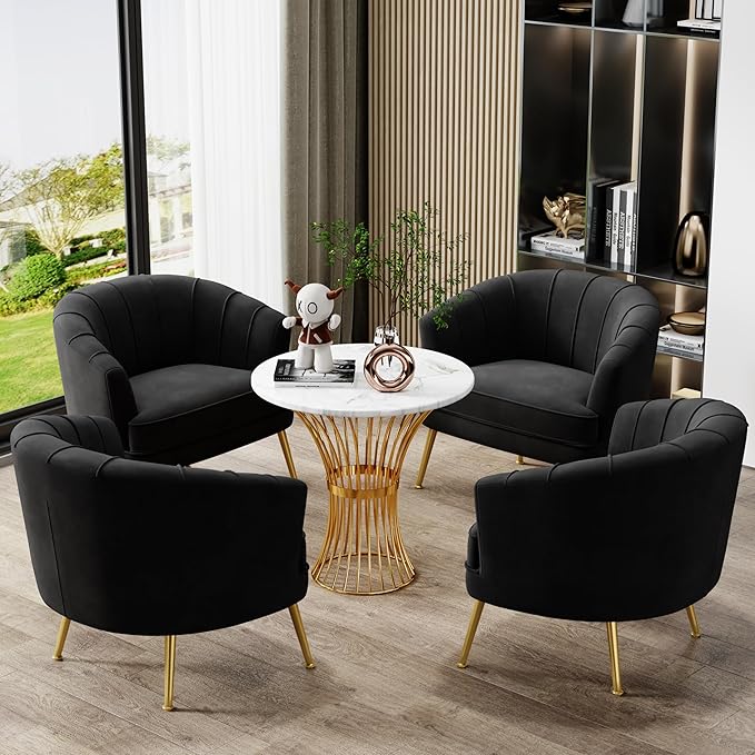 Velvet Accent Chair for Living Room Bedroom Office - Upholstered Single Sofa Arm Chair With Metal Legs - Comfy Reading Leisure Club Coffee Chair - Black