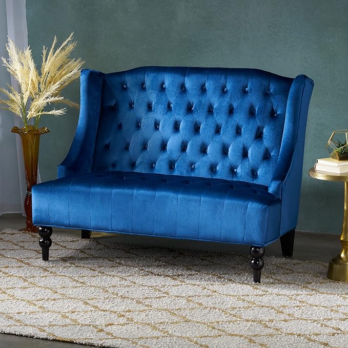 Small Velvet Loveseat Sofa Settee 50.25-inch 2 Seat Modern Victorian Sofas Couch with Buttoned Tufted Wingback Upholstered Banquette Dining Bench for Dining Living Room Hallway (Navy Blue)