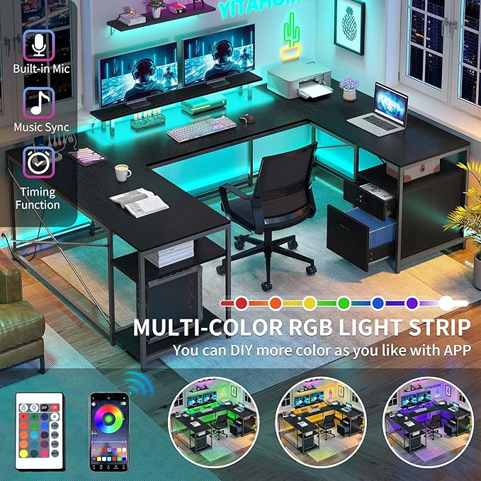 YITAHOME U Shaped Desk with Power Outlets &amp LED Lights 79 Reversible L Shaped Desk with Drawers Corner Computer Desk Office Desk with Monitor Stand &amp Storage Shelves Black