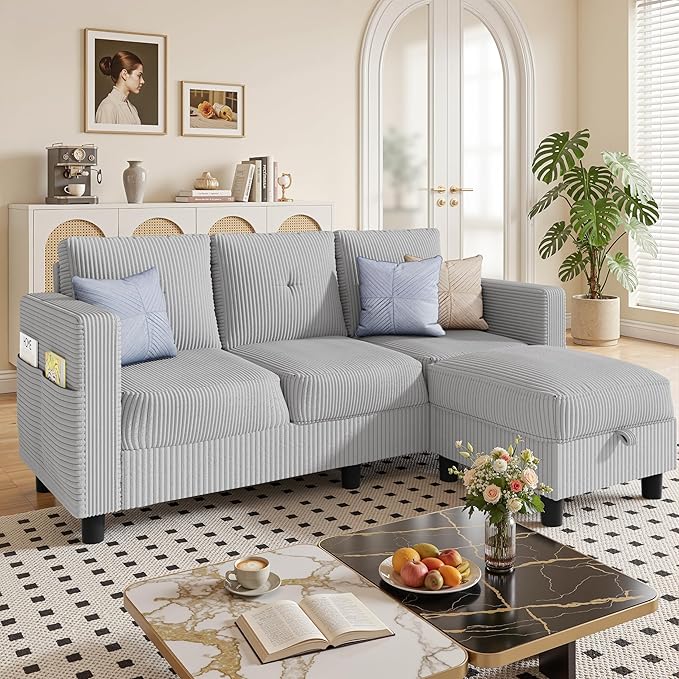 JAMFLY Convertible L-Shaped Sectional Sofa with Reversible Storage Ottoman 3-Seat Couch with Side Pockets Modern Compact Furniture for Small Apartments Studios &amp Lofts Light Grey