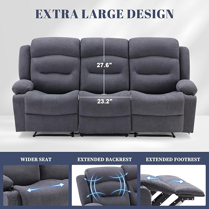 Oversized Recliner Sofa with Heat and Massage Wall-Hugger Reclining Sofa with Cup Holders and USB Port Big Large 3-Seater RV Recliner Couch Sofa for Living Room (Fabric Grey)