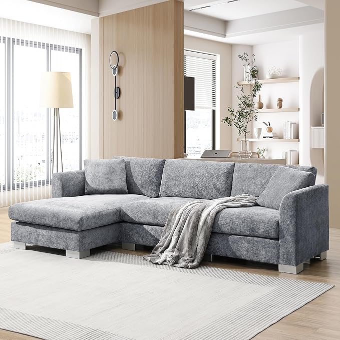 Deep Seat Oversized L Shaped Modular Sectional Sofa with Extra Wide Chaise 4 Seater Cloud Lounge Sofa Corner Couch with Metal Legs and Detachable Cushions for Living Room Apartment Chenille Fabric