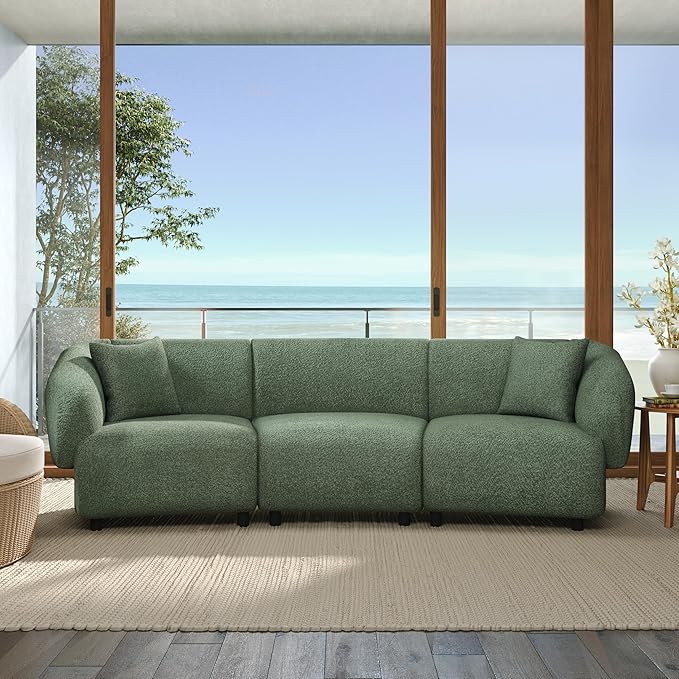 Christopher Knight Home Obito Boucle Upholstered 3-Seater Sofa Modern Home Sofa Living Room Wooden Large Upholstered Sofa Couch for Apartment/Home Office Olive Green