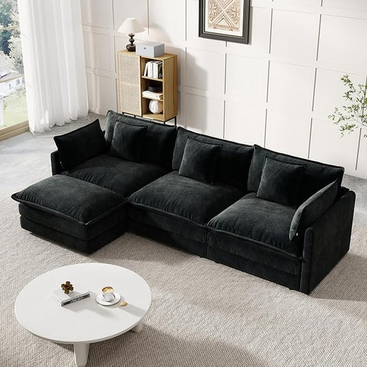 Modular Sectional Sofa 111.5 Inch L-Shaped Cloud Sofa with Deep Seat Chenille Sofa with Cushions Three-Self Sectional Sofa for Living Room ApartmentBlack