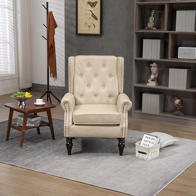 Modern Living Room Armchair Mid Century Accent Chair with Rolled Arms and Tufted BackUpholstered PU Leather Sofa Leisure Chair for Living Room/Bedroom/Office/Club