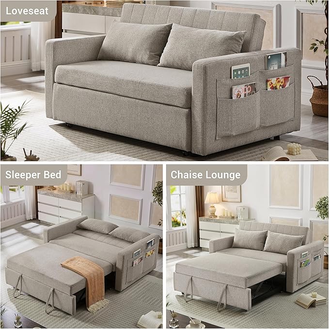 55.5 Fabric Convertible Sofa Bed Pull Out Sleeper Sofa Bed Loveseat Couch with Side Pocket 3 in 1 Convertible Sleeper Sofa Bed for Living Room Apartment Bedroom RV Light Grey