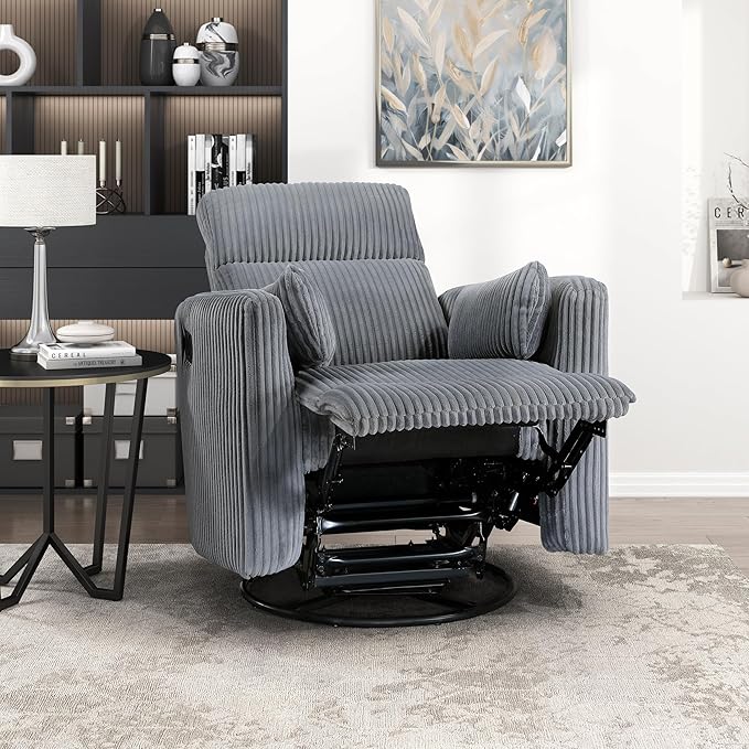 Lexicon Modern Swivel Glider Recliner Chair Nursery Glider Corduroy Fabric Upholstery Recliner with 2 Lumbar Pillows Manual Reclining Sofa Chair for Living Room/Office/Apartment Grey