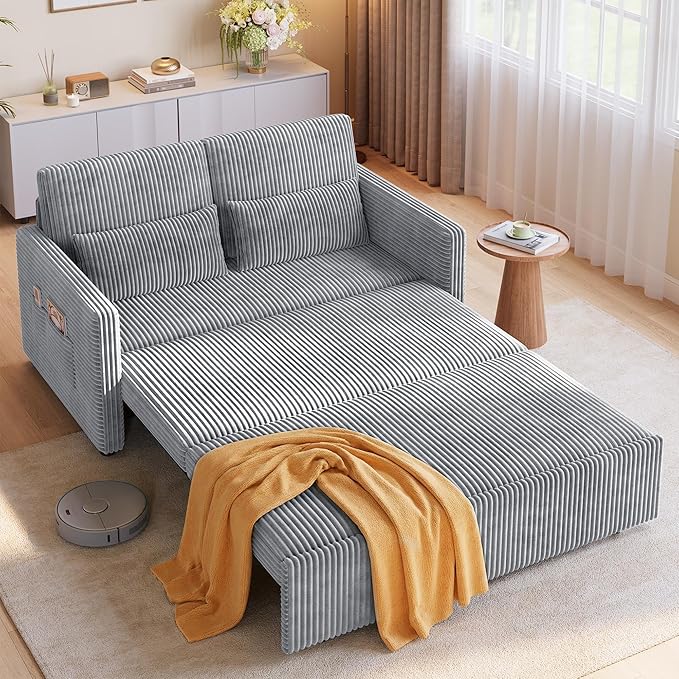 Ahomly 3 in 1 Pull Out Convertible Sofa Bed with 77.2'' Extended Sleeping Length Corduroy Loveseat Sleeper Sofa with Side Pockets Modern Loveseat for Living Room Grey