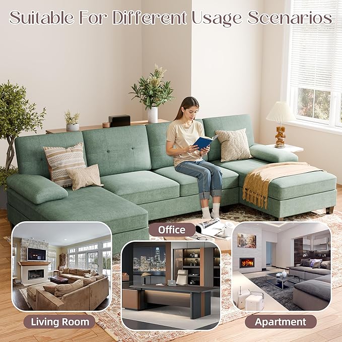 Shintenchi U-Shaped Sectional Couches for Living Room 4 Seat Sofa with Double Chaise LoungesSolid Wood Frame Sectional Sofa for ApartmentGreen