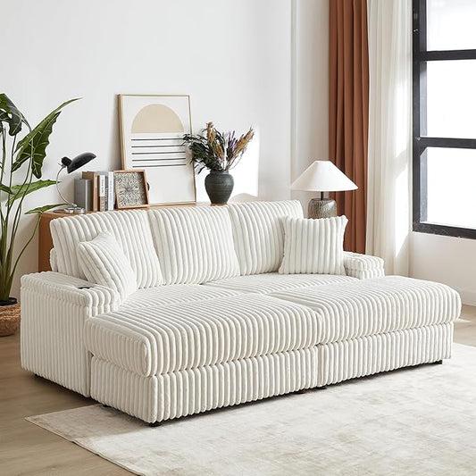 84Inch Corduroy 3-Seater Sofa with 3 Back Pillows2 toss Pillows a Ottoman2storage Spaces and Cup-Holding Grooves Comfy Sofa- Deep Seat Couch for Living RoomBeige