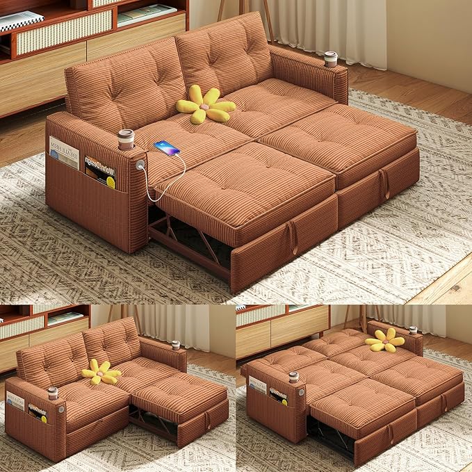 Rovibek 73.2 Convertible Sofa Bed Pull Out Couch with USB Charging Port &amp Cup Holders Adjustable Backrest Side Pockets Modern Corduroy Sleeper Sofa for Living Room Bedroom Apartment Orange
