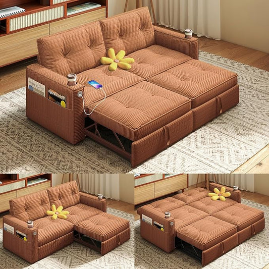 Rovibek 73.2 Convertible Sofa Bed Pull Out Couch with USB Charging Port &amp Cup Holders Adjustable Backrest Side Pockets Modern Corduroy Sleeper Sofa for Living Room Bedroom Apartment Orange