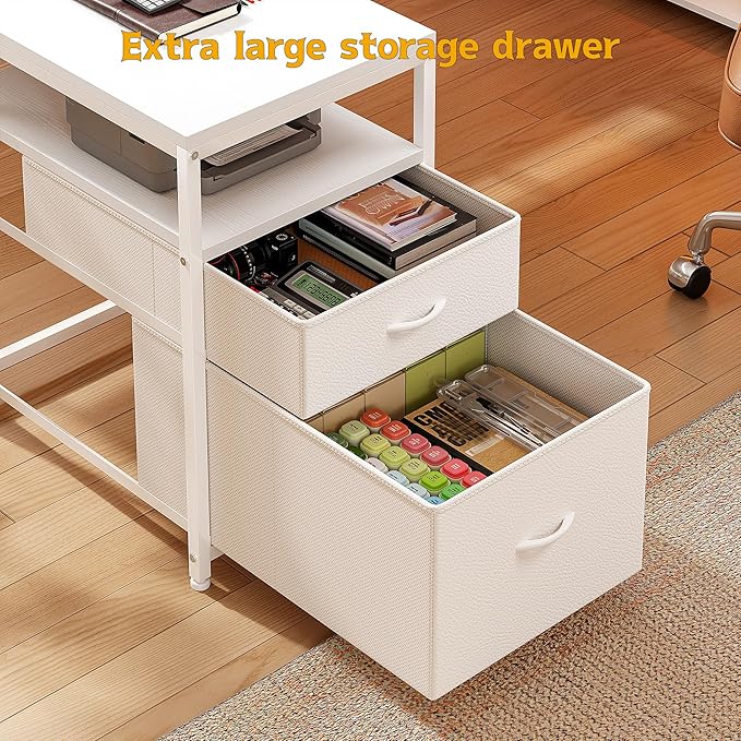 Computer Desk with 6 Storage Shelves &amp 2 Fabric Drawers63'' L Shaped Gaming Desk with Power Outlet &amp LED Strip Reversible Office Desk with Monitor Stand White